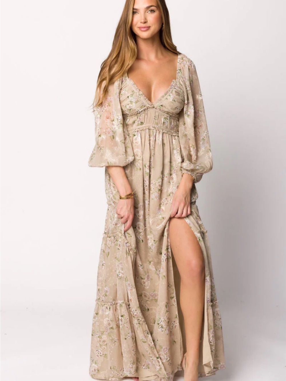 Daphne Long Sleeve Maxi Dress in Beige/Multi Floral - Bump Friendly